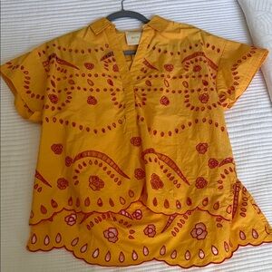 Maeve Yellow Embroidered Cotton Blouse with Red Accents